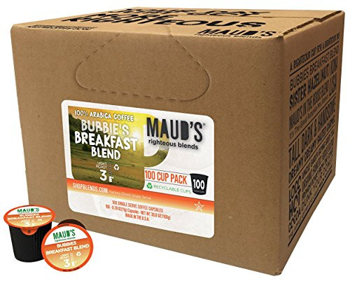 Maud's Gourmet Coffee Pods - Light Roast Coffee Pods - Bubbies Breakfast Blend - 100-Count Single Serve - Richly Satisfying Premium Arabica Beans, California-Roasted - Kcup Compatible, Including 2.0