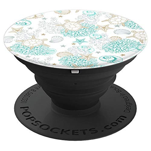 Sea Turtle & Coral Pattern Blue Ocean Shells Sea Life Coral PopSockets Grip and Stand for Phones and Tablets