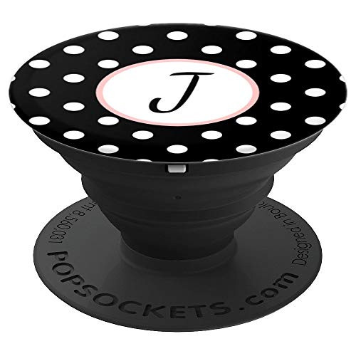 Black White Polka Dot With Rose Monogram Initial Letter J PopSockets Grip and Stand for Phones and Tablets
