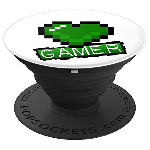 Gamer Green Pixel Pixlated Heart PopSockets Grip and Stand for Phones and Tablets