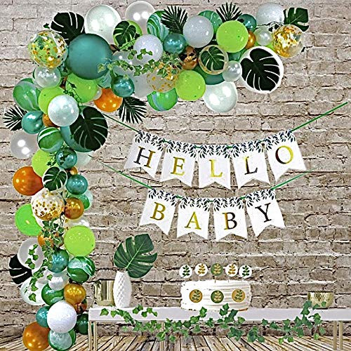YARA Safari Baby Shower Decorations Jungle Theme Balloon Garland Arch Kit with Tropical Palm Leaves| Ivy Vines| Hello Baby Banner| Cake or Cupcake Toppers| Gender Neutral Decor for Boy Girl|Greenery Lush Green White Gold Boho