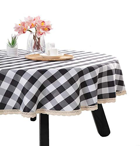 Nobildonna 70Inch Gingham Checkered Tablecloth, Black & White Checker, Round Lace Polyester Tablecloth