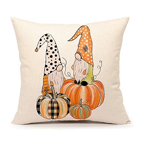 4TH Emotion Fall Pumpkin Gnomes Throw Pillow Cover Farmhouse Autumn Cushion Case for Sofa Couch 18x18 Inches Cotton Linen