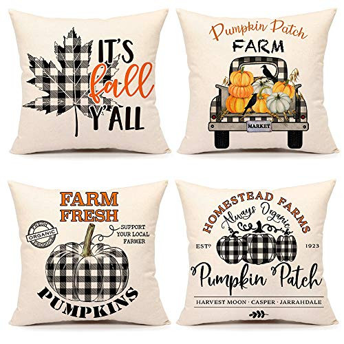 4TH Emotion Fall Throw Pillow Covers Buffalo Check Autumn Pumpkin Truck Cushion Case for Sofa Couch 18 x 18 Inches Cotton Linen Set of 4