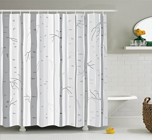 Ambesonne Grey Decor Collection, Birch Trees in Autumn Fall Branches Forest with Soft Light Colors Modern Graphic Print Decor, Polyester Fabric Bathroom Shower Curtain, 84 Inches Extra Long, Ash Gray