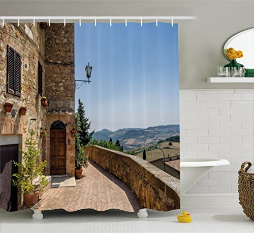 Ambesonne Italian Decor Shower Curtain by, The Walls of Pienza in Tuscany Historical European Landmark, Fabric Bathroom Decor Set with Hooks, 84 Inches Extra Long, Light Brown Green Light Blue