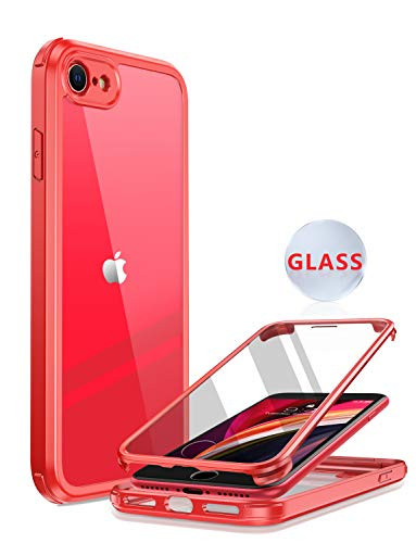 Miracase iPhone SE 2020 Case/iPhone 8 Case with Built-in Glass Screen Protector, Full-Body Rugged Clear Bumper Case for iPhone SE 2020/ iPhone 8, Red