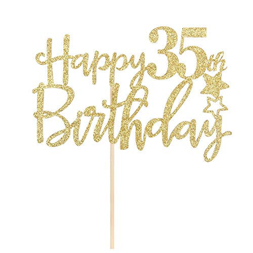 Gold Glitter Happy 35th Birthday Cake Topper,Hello 35, Cheers to 35 Years,35 & Fabulous Party Decoration