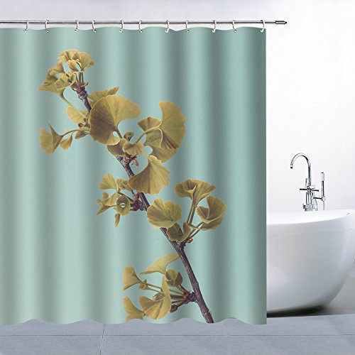 AMNYSF Plant Leaves Yellow Ginkgo Biloba Decor Light Green Shower Curtain,70x70 Inches Waterproof Mildew Resistant Polyester Fabric Bathroom Accessories Curtains With 12pcs Hooks
