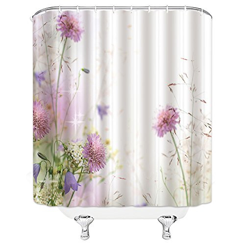 AMNYSF Spring Scenic Pink Light Purple Wild Flower Decor White Shower Curtain,70x70 Inches Waterproof Mildew Resistant Polyester Fabric Bathroom Accessories Curtains With 12pcs Hooks
