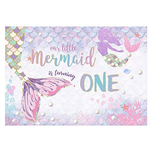 Funnytree Our Little Mermaid is Turning One Backdrop for Baby Girls First Birthday Party Photography Background Summer Under The Sea Princess Scale Shell Cake Table Decor Banner Supplies 7x5ft