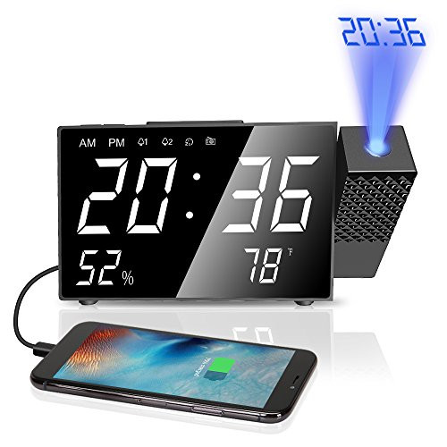 LBell Projection Alarm Clock, 6.3" Projection Clock, FM Radio Alarm Clock, Dual Alarm with USB Charging Port, 12/24 Hours, Backup Battery for Clock Setting