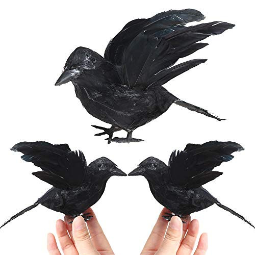 TUANTUAN 3 Pcs Halloween Realistic Feathered Crows Realistic Looking Birds Black Feathered Crows Halloween Thanksgiving Day Prop Decor