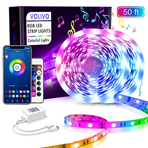 VOLIVO Smart LED Strip Lights 50ft, Bluetooth APP & Remote Control Color Changing RGB 5050 Music Sync Led Lights for Bedroom, TV, Party, Home, DIY Decoration VOLIVO Smart LED Strip Lights 50ft, Bluetooth APP & Remote Control Color Changing RGB 5050 Music Sync Led Lights for Bedroom, TV, Party, Home, DIY Decoration