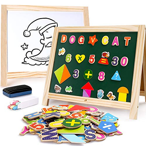 BeebeeRun Wooden Art Easel 2 Sides Tabletop Drawing Board for Kids, Magnetic Whiteboard and Chalkboard with Magnetic Letters, Numbers and Other Accessories, Education Toys for Toddlers Boys and Girls