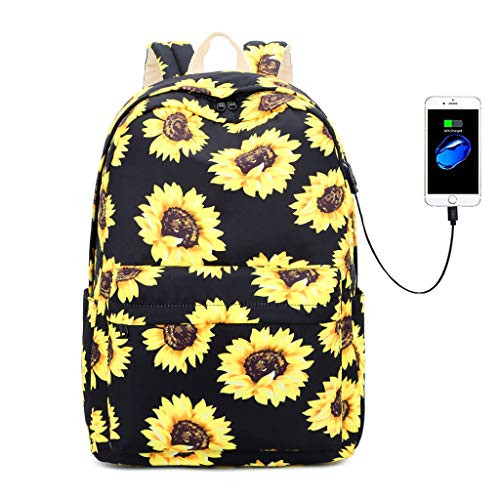 Lmeison Sunflower Backpack Waterproof, Floral College Bookbag with USB Charging Port for Women Girls, Lightweight Travel Daypack 15" Laptop Backpack for School