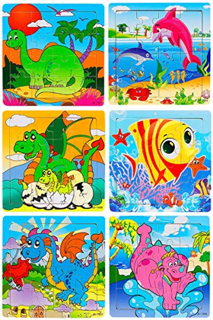 Wooden Jigsaw Puzzles Set for Kids Age 2-8 Year Old 16 Piece Dinosaur Colorful Wooden Puzzles for Toddler Children Learning Educational Puzzles Toys for Boys and Girls (6 Puzzles)