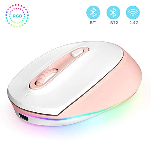 Rechargeable Bluetooth Mouse, Seenda Silent Click Triple Mode Cute LED Wireless Mouse (Dual Bluetooth+USB) with 15 Backlights Up to 2400 DPI for Computer Laptop Windows Mac OS Chromebook, Pink