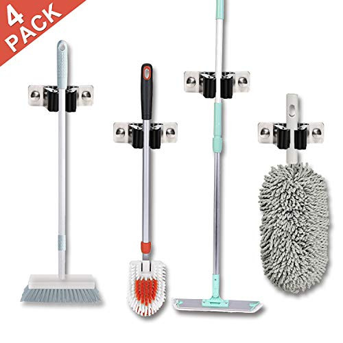 Favbal Mop Broom Holder,4pcs Stainless Steel Wall Mounted Organizer Non-Slip Screws or Self Adhesive Storage Rack Hangers