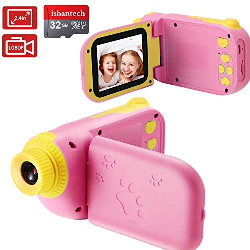 ishantech Kids Digital Video Camera Toys for 3-10 Years Old Girls 1080P 2.4 inch IPS Screen Camera for Age 3 4 5 6 7 8 9 Years Old Toddler Kids Girls Best Birthday Gift Toys with 32G SD Card (Pink)