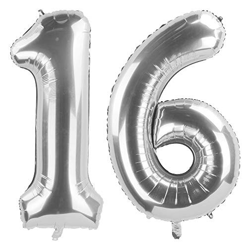 ZOOYOO Silver 16 Foil Mylar Number Balloons for 16th Birthday Party Decoration Supplies,16th Anniversary,40 Inch.