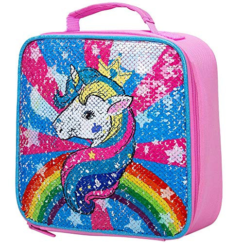 Unicorn Lunch Box for Girls, Sequin Lunch Bag for Kids