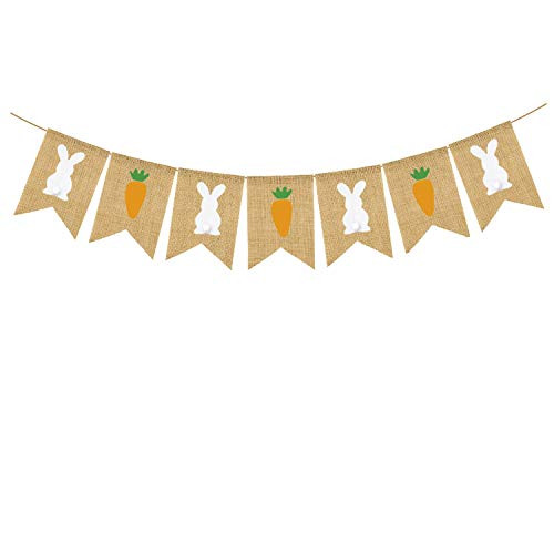 S SNUOY Colorful Happy Easter Banner Easter Decorations Bunting Bunny Easter Rabbit Carrot Hanging Burlap Banner Spring Decor Party Home