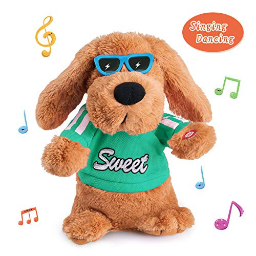 Green Musical Dancing Singing Electronic Dog Plush Stuffed Animal Interactive Puppy Pet Toy Animated Pet , Rock Body, Singing 6 Songs Plush Dog Toys for Boys Kids Toddlers Baby Toy
