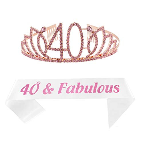 40th Birthday Pink Tiara and White Sash Happy 40th Birthday Party Supplies 40 Fabulous Glitter Satin Sash and Crystal Tiara Princess Birthday Crown for Girls 40th Birthday Party Decorations Favors