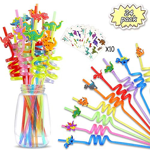 POKONBOY 24 Pack Dinosaur Birthday Party Supplies Reusable Dinosaur Straws, Mixcolor Dinosaur Reusable Drinking Plastic Straws for Kids Girls Birthday Party Decorations with Dinosaur Stickers Christmas