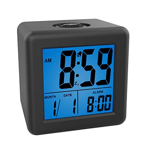 Plumeet Digital Alarm Clocks - Kids Clock with Snooze and Purple Nightlight - Easy Setting Travel Alarm Clocks Display Time, Date, Alarm - Ascending Sound - Battery Powered (Black)