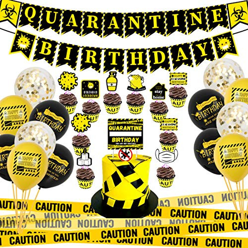 Quarantine Birthday Decorations - Quarantine Birthday Cake Topper Banner Caution Tape for Social Distancing Stay Home Party Supplies