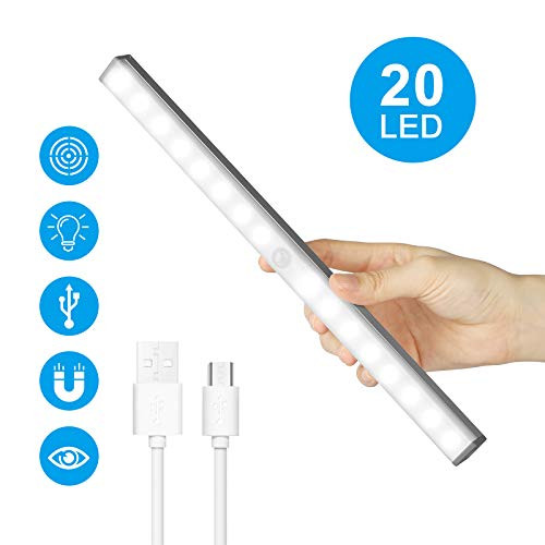 20 LED 3 Modes Rechargeable Motion Sensor Closet Light, Wireless Stick-on Anywhere Night Lights Bar Under Cabinet Lighting with Magnetic Strip for Counter Wardrobe Kitchen Hallway Stairs