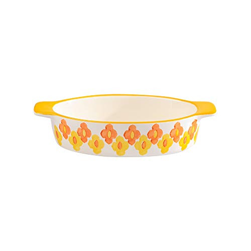 Yellow Small Floral Ceramics Rectangular Baking Dishes with Handle for Oven Ceramic Baking Pan Lasagna Casserole Pan Individual Bakeware -One person serving