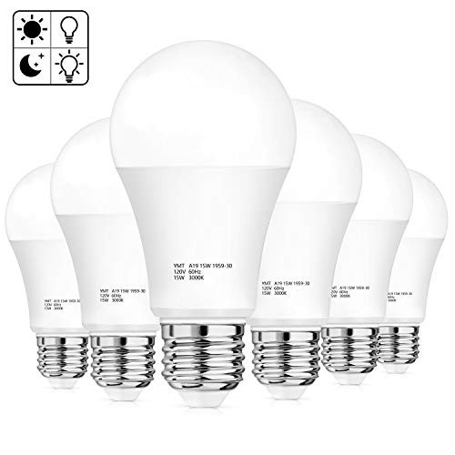 Dusk to Dawn Sensor Light Bulbs, A19 Auto On Off LED Light Bulb 15W(100-125 Watt Equivalent), 1500 Lumens, E26 Base, 3000K Warm White, Smart Sensor Lights for Indoor Outdoor Porch Garage, Pack of 6