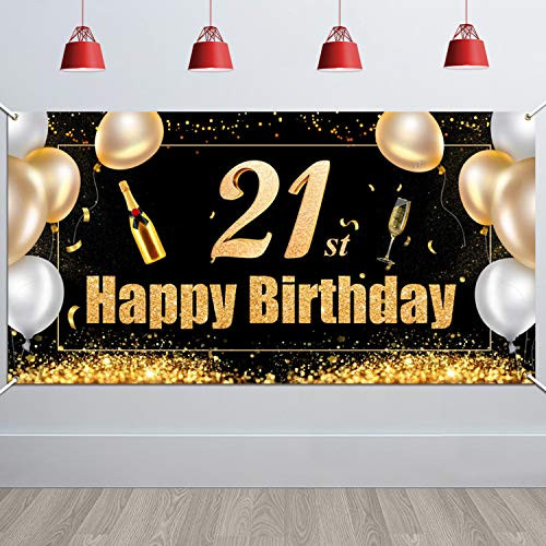 HOWAF Extra Large 21st Birthday Photo Booth Backdrop Background Banner, Fabric 21st Birthday Sign Poster Background for 21st Birthday Party Decorations Black and Gold, 5.93.05ft