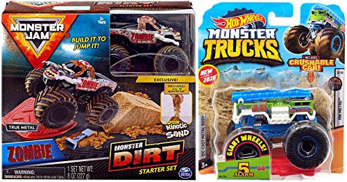 Hot Wheels Fire Monster Crew Five Alarm Truck Crushable Car Ladder Engine Bundled with Zombie Dirt Jam Kit Jump Sand Stunt 2 Items