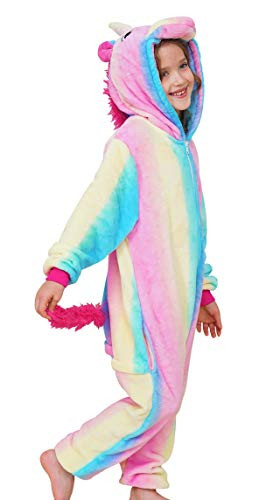Soft Unicorn Hooded Pajamas Onesie Costume for Girls (Red Rainbow V2, 3-4 Years)