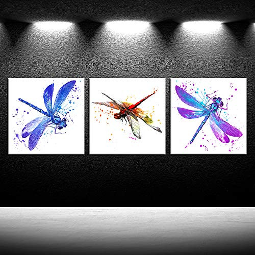 iKNOW FOTO 3pcs Modern Art Beautiful Dragonfly Art Canvas Wall Print Watercolor Paintings Insect Nature Pictures Giclee Artwork Stretched and Framed Ready to Hang for Home Decoration 12x12inchx3pcs