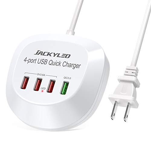 USB Charger Hub with Quick Charge 3.0 JACKYLED 4 USB Ports Portable Fast Charging Station for Multiple Devices Compatible with iPhone iPad Galaxy Home Office Nightstand Desktop Travel Cruise White