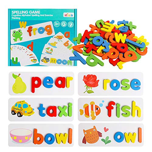 Kizh See Spelling Learning Toy Wooden Educational Developmental Toy Develops Vocabulary and Spelling Skills with 28 Double - Sided Cognitive Cards and 52 Letters Great Gift for 4 5 6 Years Girl Boy