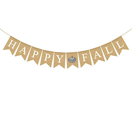 Rainlemon Happy Fall Banner Buffalo Check Plaid Jute Burlap Pumpkin Autumn Thanksgiving Farmhouse Mantle Fireplace Garland Decoration