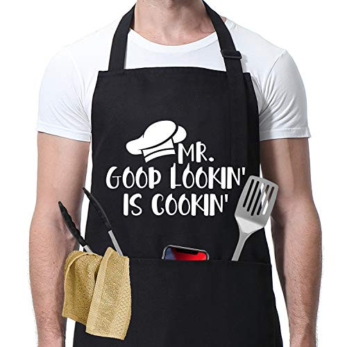 Funny Chef Aprons for Men - Mr. Good Looking is Cooking - Birthday, Cooking Gifts for Men, Husband, Dad, Boyfriend, Grill Master Friend, Him - Miracu Kitchen Grilling BBQ Apron with 3 Pockets, Black