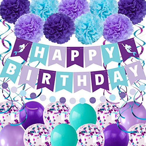 Mermaid Birthday Decorations for Girls - Happy Birthday Banner, Pom Poms Flowers, Balloons, Paper Dot Garland and Hanging Swirls for Kids Dini Party