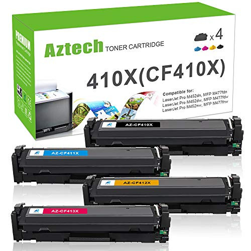 Aztech Compatible Toner Cartridge Replacement for HP 410A CF410A 410X CF410X Color Laserjet Pro M477fdw M477fnw M477fdn M452dn M452dw M452nw CF411X CF412X CF413X (Black, Cyan, Yellow, Magenta, 4-Pack)