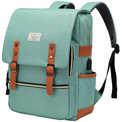 Modoker Vintage Laptop Backpack for Women Men, Slim Travel Backpack School College Bag with USB Charging Port Fashion Teal Rucksack Backpack Fits 15.6 Inch Macbook,Casual Daypack Green