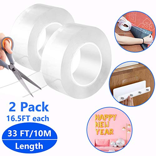 Nano Adhesive Double Sided Tape, No-Trace Removable Washable Strong Gel Anti-Slip Adhesive Carpet Rug Tape, for Wall, Paste Photos&fix Carpet mats, etc 2 PackX5M(16.4ft)