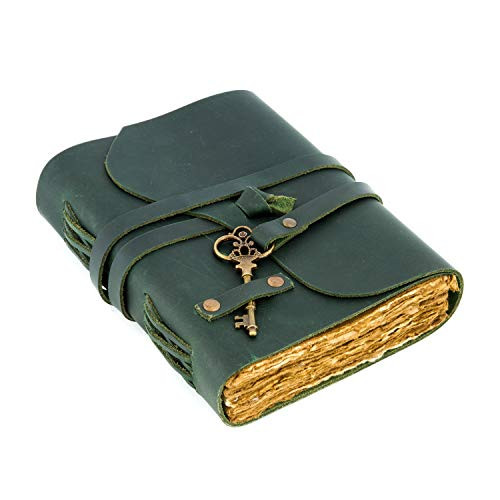 Vintage Leather Journal - Antique Handmade Deckle Edge Vintage Paper Leather Bound Journal - Book of Shadows Journal - Leather Sketchbook - Drawing Journal - Great Gift (9" x 6", Green)
