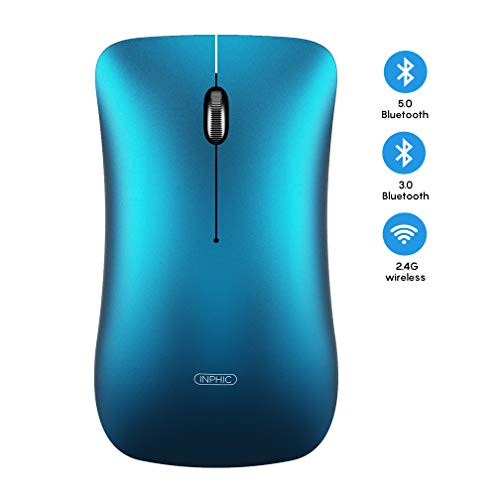 Bluetooth Mouse, Inphic Multi-Devices Slim Silent Rechargeable Bluetooth Wireless Mouse (Tri-Mode: BT 5.0/3.0+ 2.4G Wireless), 1600DPI Portable Mouse for Laptop PC Computer, iPadOS, MacBook, Blue