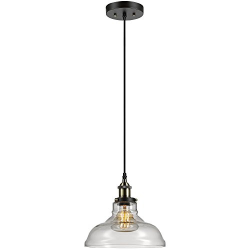 Globe Electric Latiya 1-Light Hanging Pendant, Bronze Finish, Antique Brass Decorative Socket, Clear Glass Shade, Black Fabric Cord, 65587 Globe Electric Latiya 1-Light Hanging Pendant, Bronze Finish, Antique Brass Decorative Socket, Clear Glass Shade, Black Fabric Cord, 65587